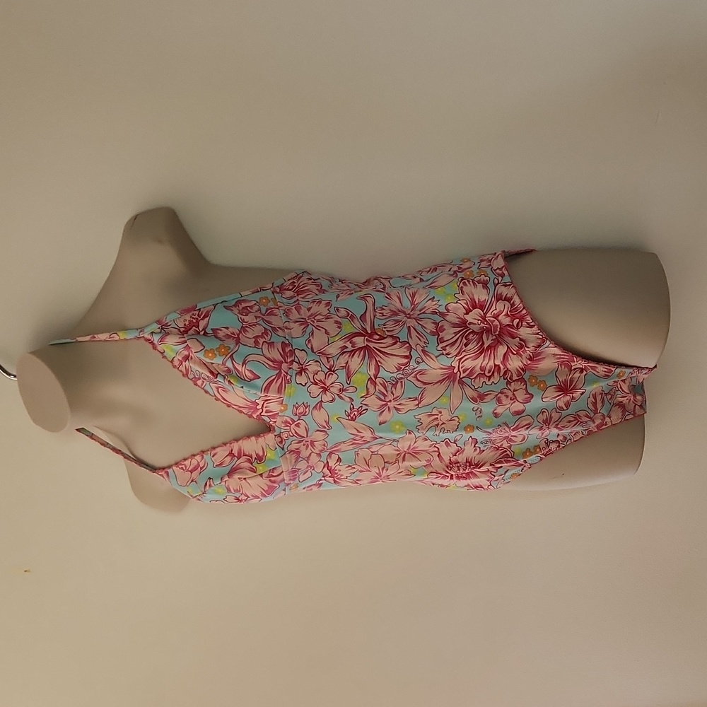 Rosa Ferrer one piece swimsuit pink and turquoise floral bathing suit size 10 - Picture 4 of 9